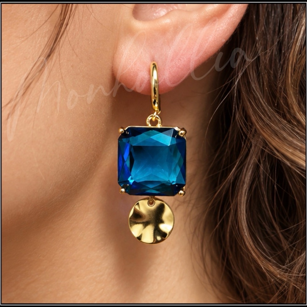NEW ICE CUBE DEEP CERULEAN BLUE 925 GOLD MEDALLION CHUNKY EARRINGS
